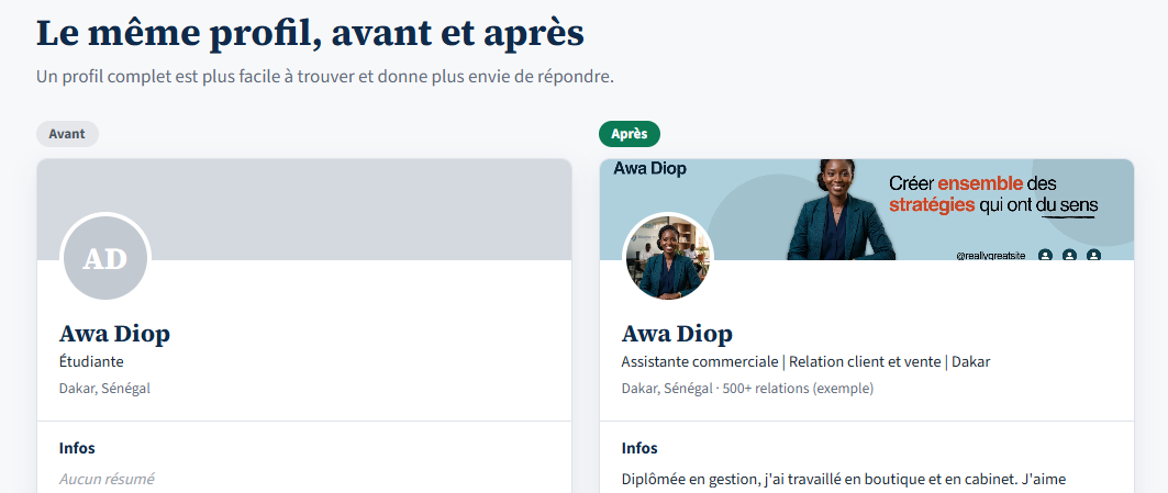 Profil LinkedIn avant et après