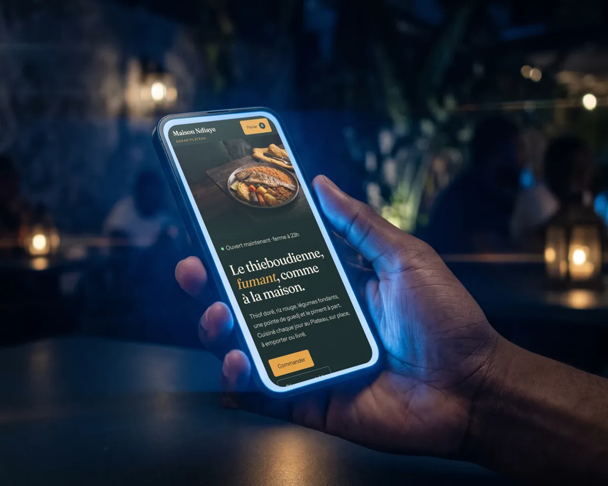 A hand holds a phone in a restaurant at night, the screen shows the Maison Ndiaye restaurant mockup