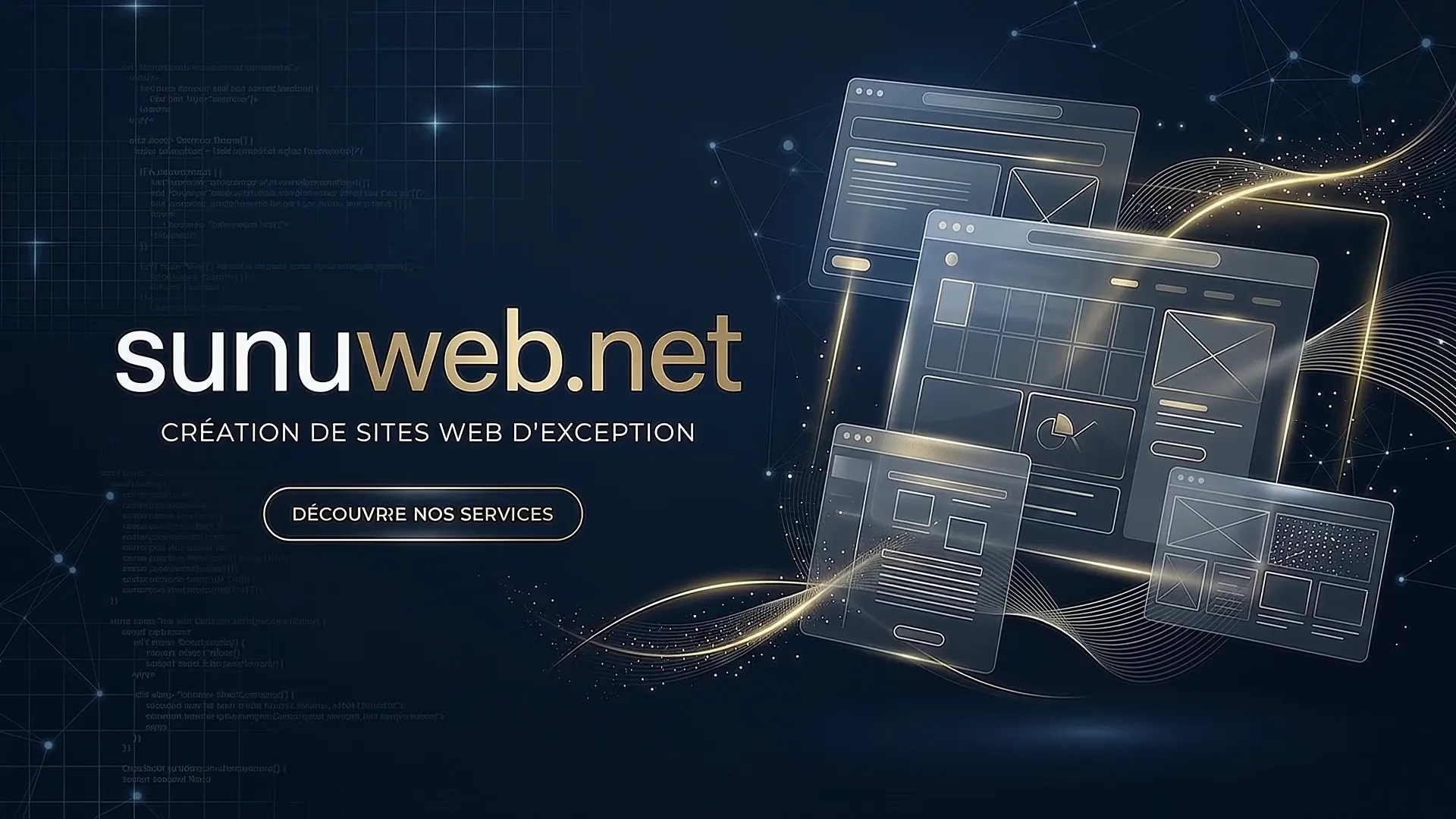 The sunuweb.net logo surrounded by glass website mockups, dissolving into glowing dust
