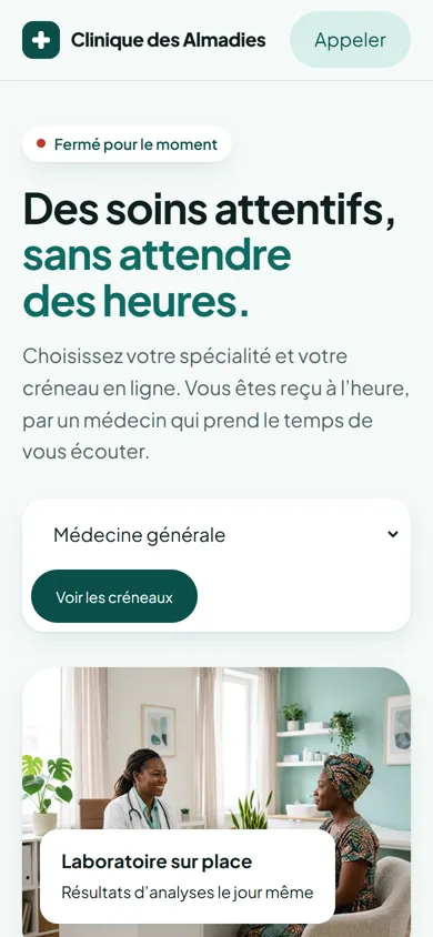 Phone screenshot of the mockup Clinique des Almadies