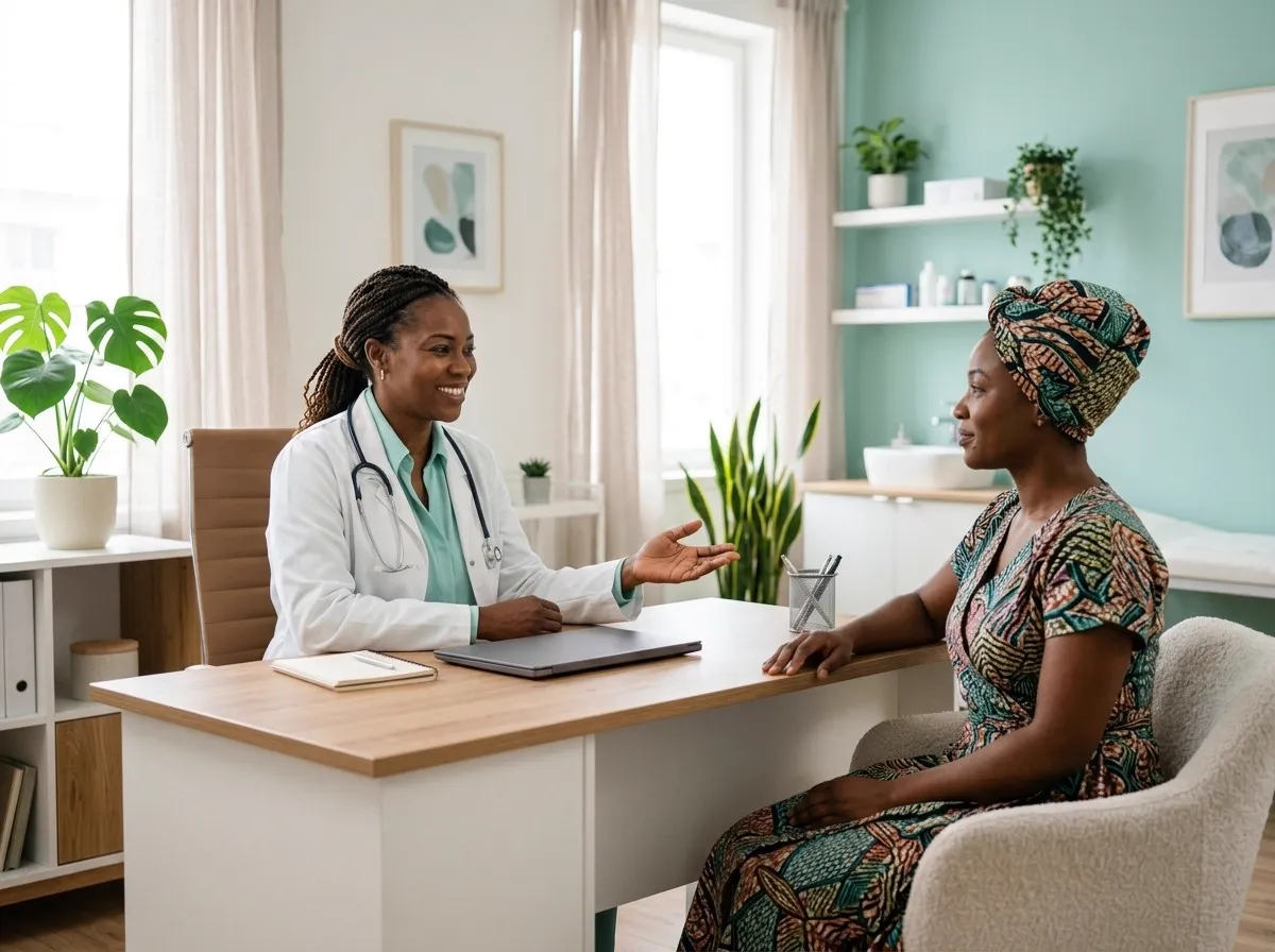 Une médecin souriante accueille une patiente dans un cabinet lumineux