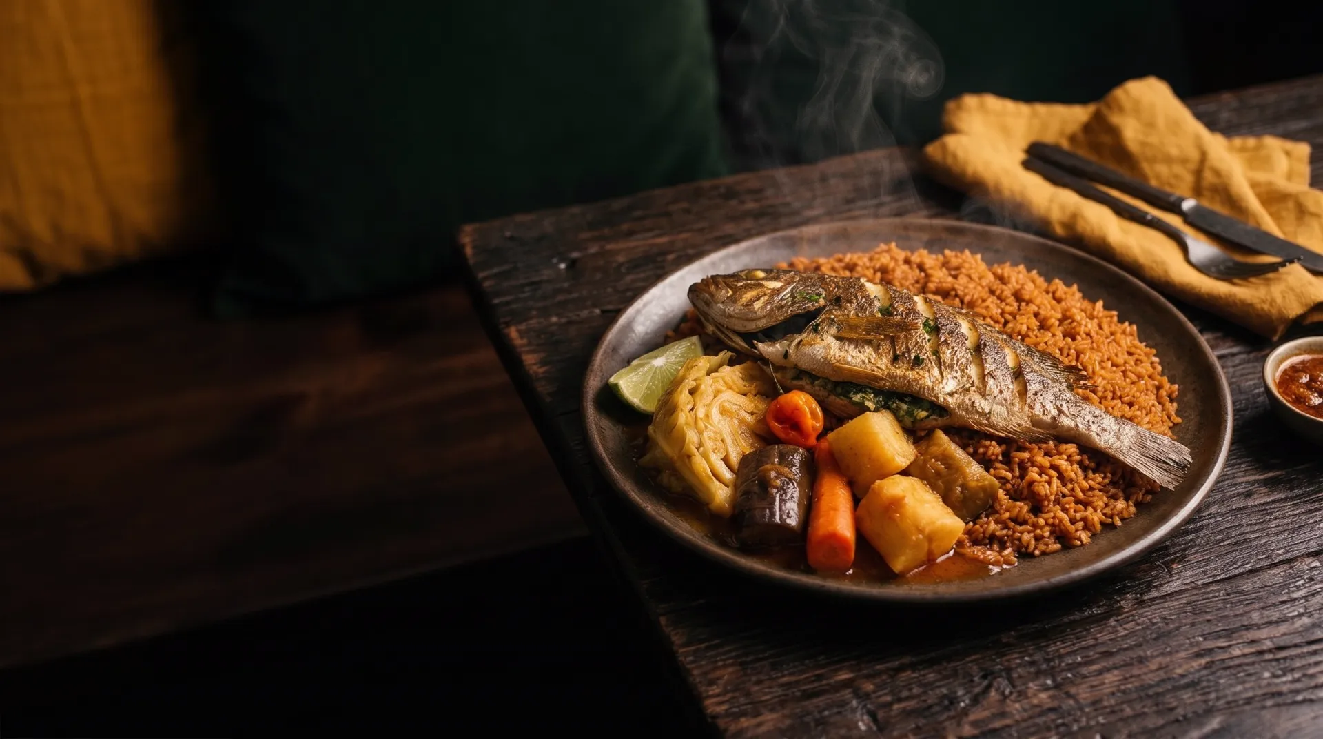Une assiette fumante de thiéboudieune : thiof grillé, riz rouge, chou, carotte, manioc, aubergine et citron vert, sur une table en bois sombre