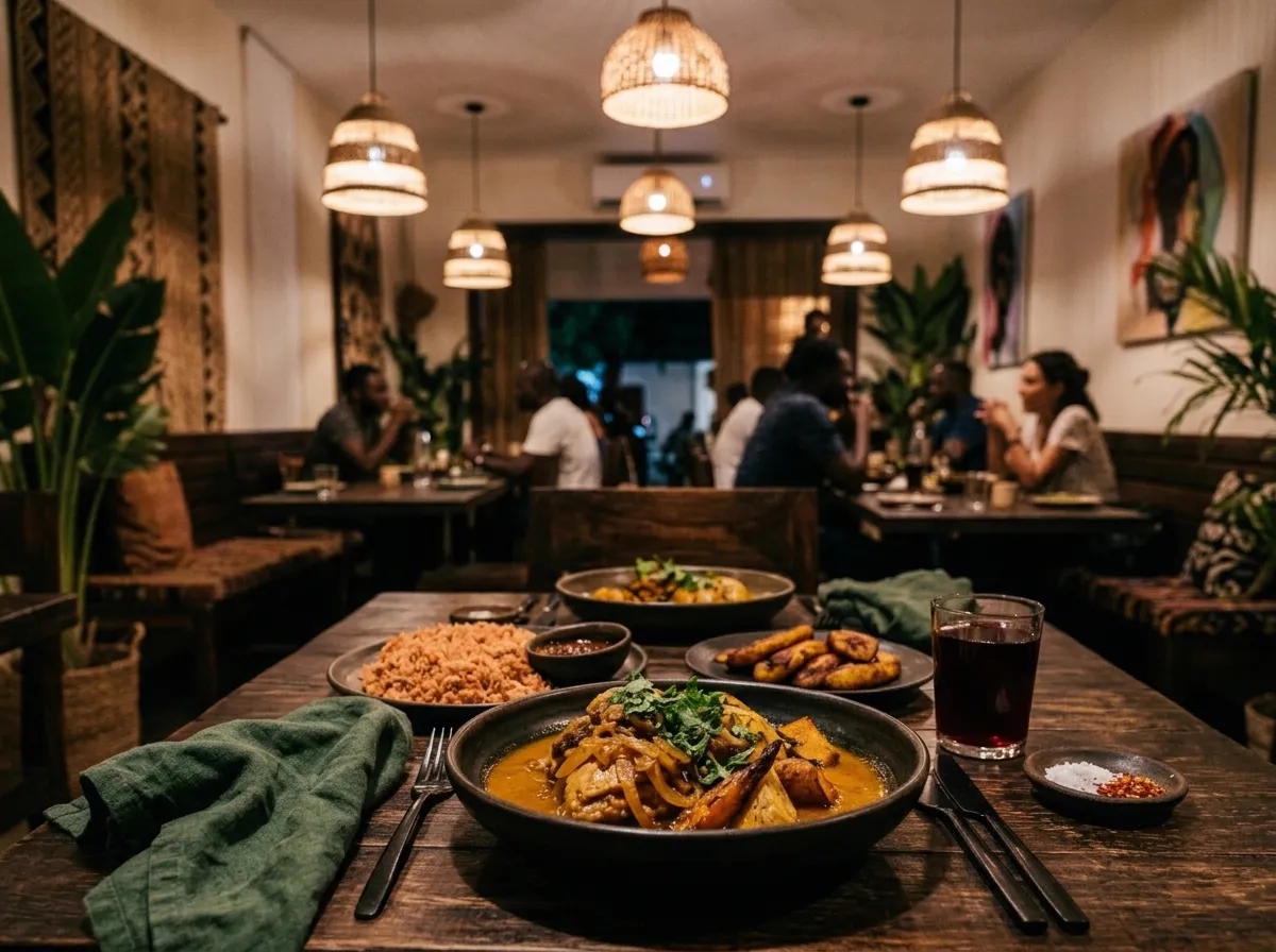La salle du restaurant le soir, tables en bois et lampes chaudes