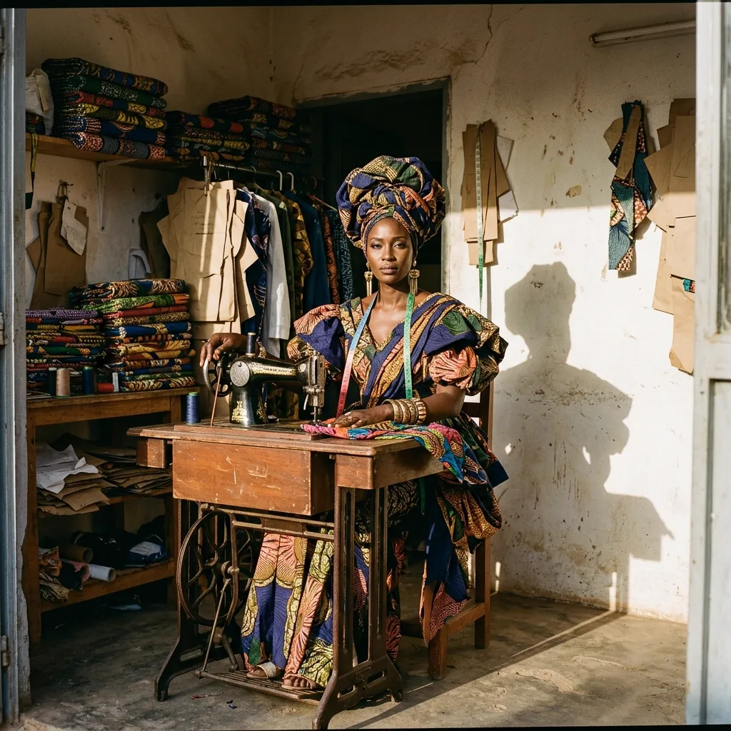 Une couturière à sa machine dans l’atelier, rouleaux de wax en arrière-plan