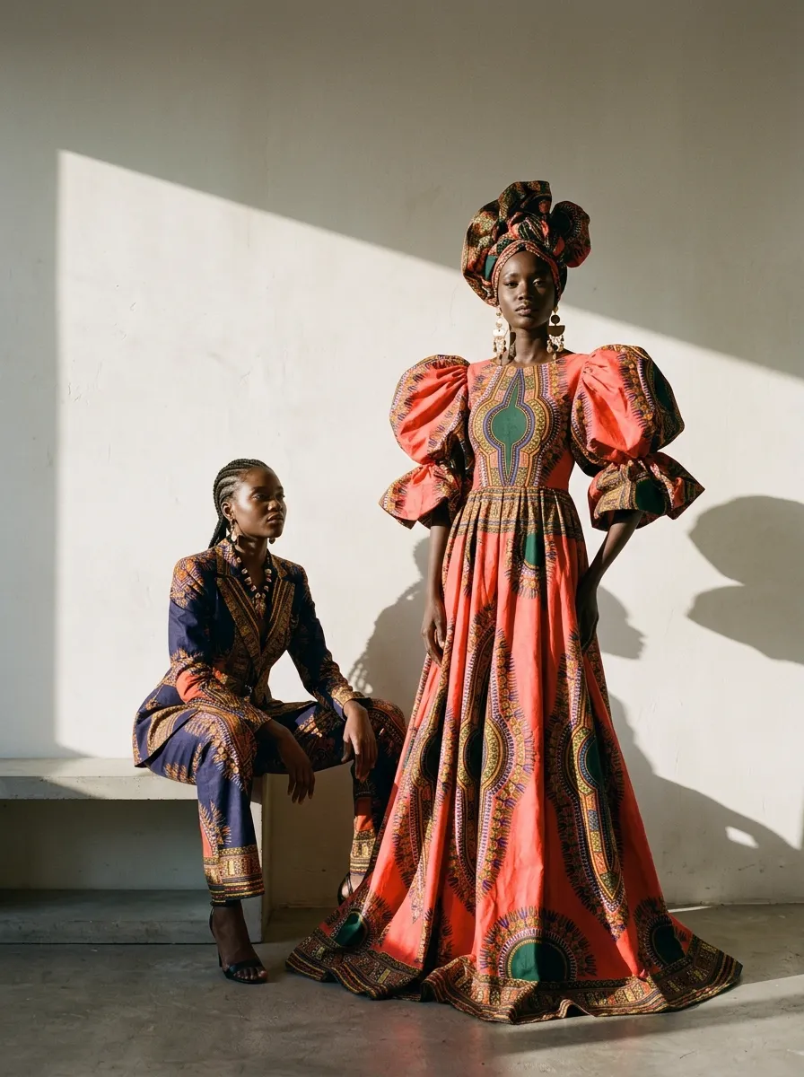Deux mannequins devant un mur blanc : une robe longue corail à manches bouffantes et un tailleur en wax bleu